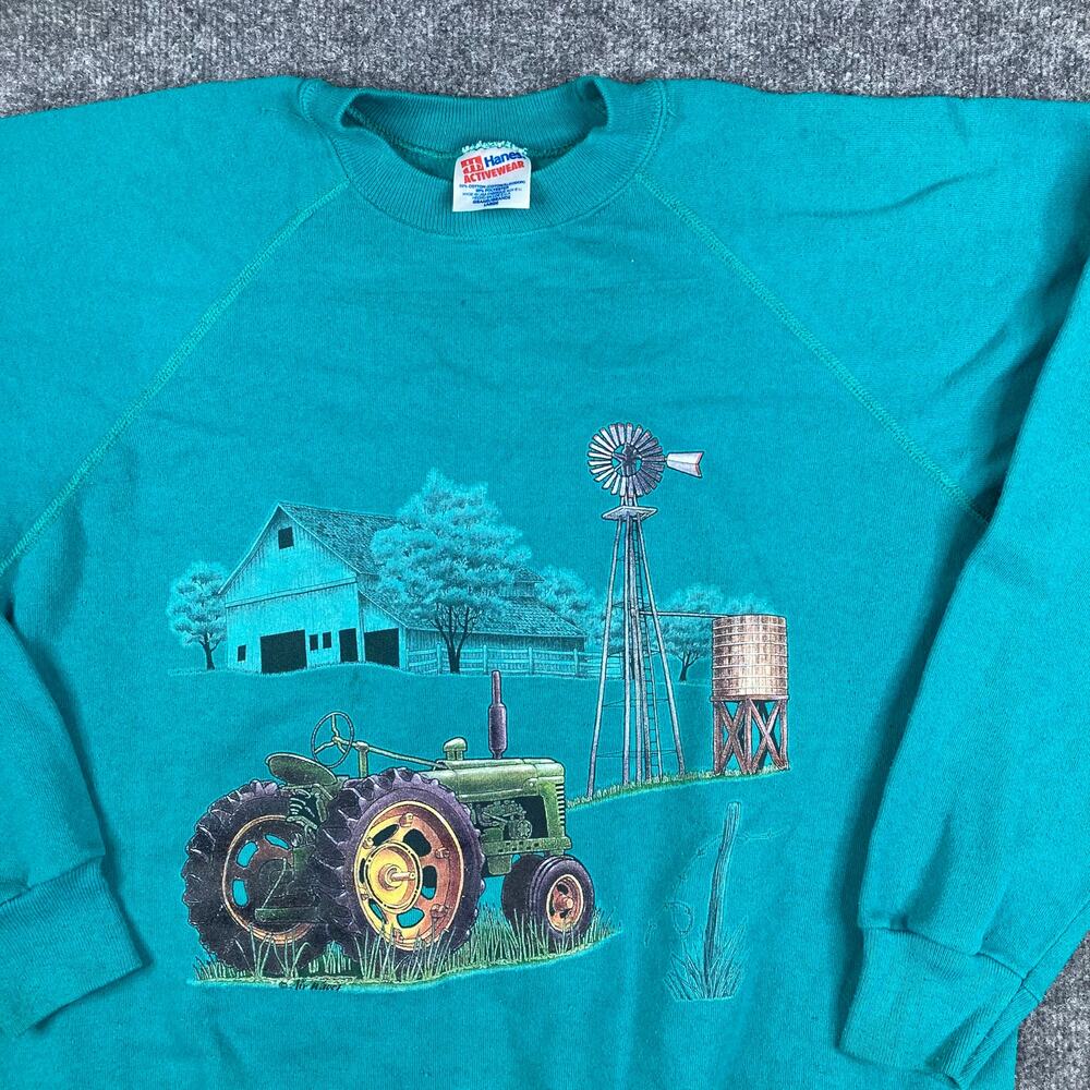 Hanes Sweatshirt Mens Size L Teal Vintage Barn Tractor Farm Scene USA Graphic